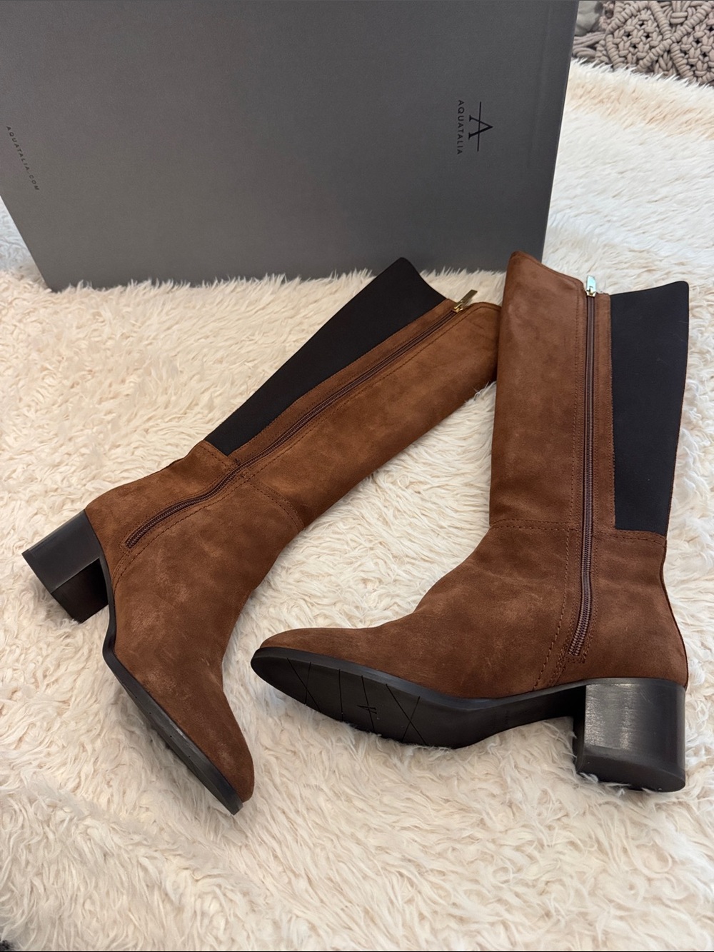 Aquatalia Chestnut Brown Suede Mid-Calf Block Heel Boots